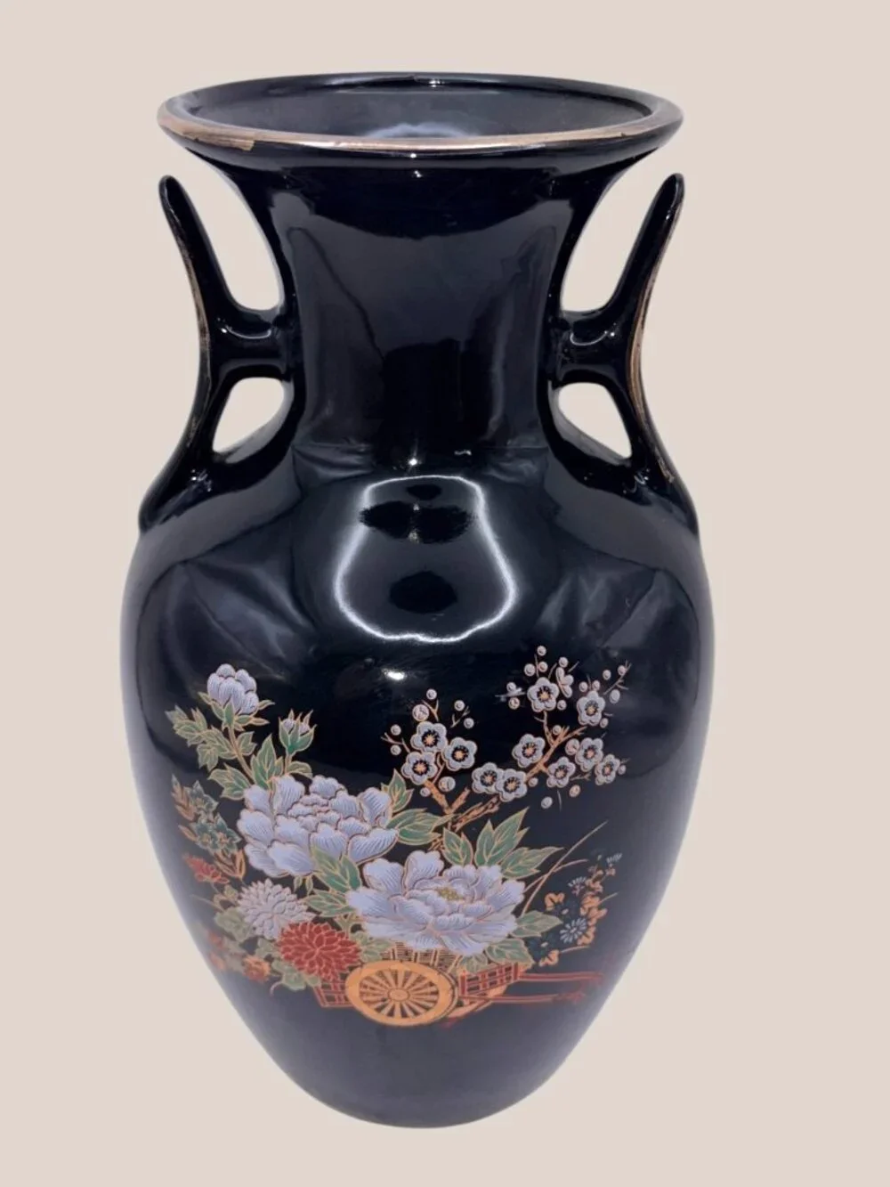 Vintage Black Japanese Floral Porcelain Vase Double Handle Gold Trim 10.5
